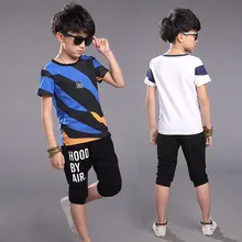 Детская летняя хлопковая Спортивная повседневная футболка с короткими рукавами+ шорты, одежда 2 комплекта для мальчиков, костюм, спортивная одежда