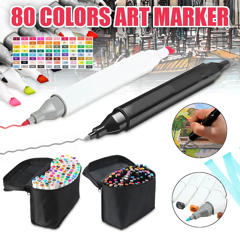 

KICUTE 80 Colors Alcohol Markers Dual Head Sketch Markers Brush Pen Set For Drawing Manga Design Art Supplies