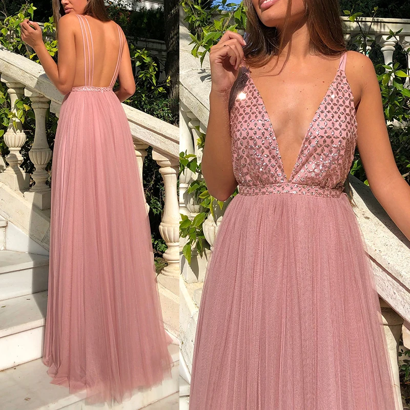 

Lady Sleeveless Long Gown Dress Deep V Neck Evening Elegant Backless Sling Sexy