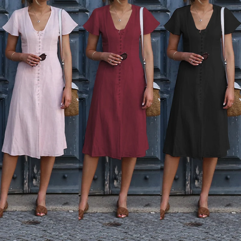 

Celmia Bohemian Summer Dress Women Sexy V Neck High Split Ruffles Shirt Dresses Short Sleeve Buttons Party Vestidos Plus Size