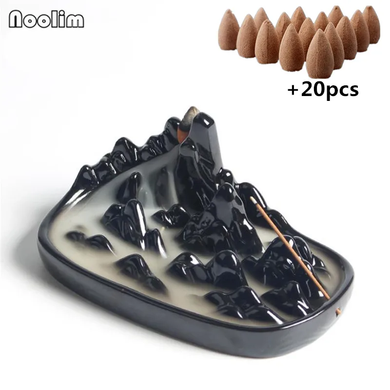 

Ceramic Mountains Backflow Incense Burner Home Office Tea House Decor Creative Stick Incense Holder + 20 Pcs Free Incense Cones