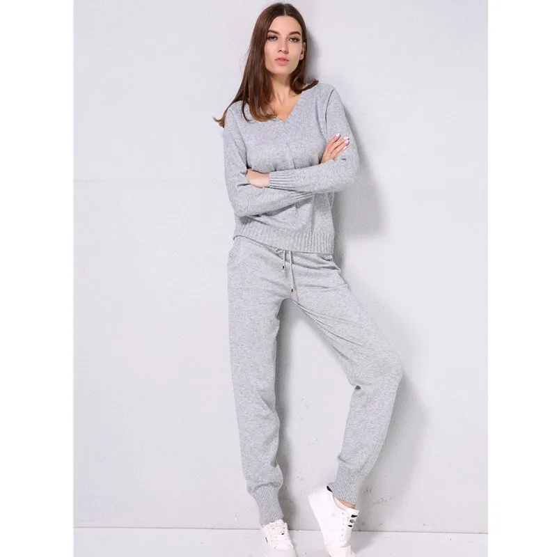 

Autumn Woolen and Cashmere Knitted Warm Suit V Neck Sweater Cashmere Pants Set Soild Loose Two Piece Knit Set