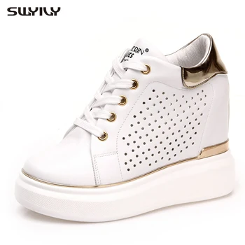 

SWYIVY Women's Platform Sneakers Breathable 2019 New Fashion White Shoes Summer Shoes Women Hided Chunky Heel Sneakers For Woman