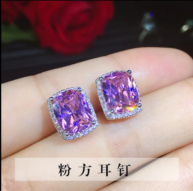 

High Quality s925 silver female fashion princess square zircon earrings Pink Zircon Stud Earrings