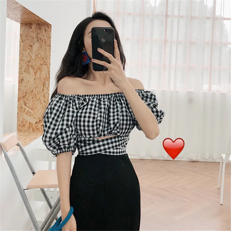 

Lychee Girls Plaid Print Slash Neck Short Women Blouse Off Shoulder Short Puff Sleeve Female Shirts Spring Summer Sexy Tee Tops