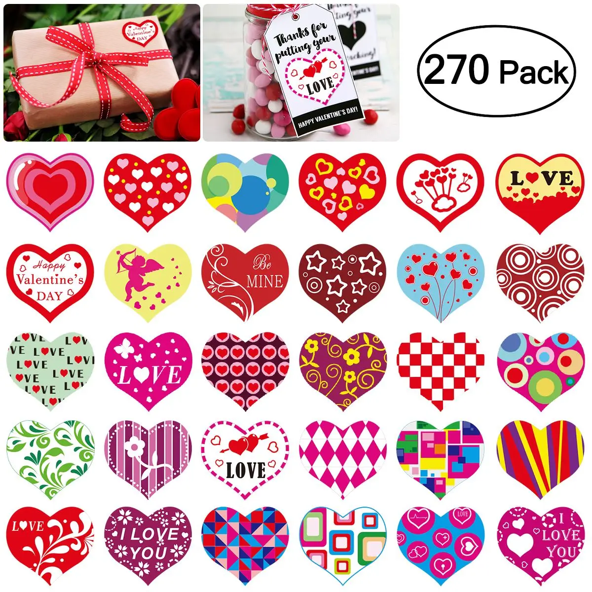 

TINKSKY Heart Roll Sticker 3 Rolls/ 270pcs Valentines Day Gift Tag Stickers 13 Assorted Designs Gift Valentines Labels Decals