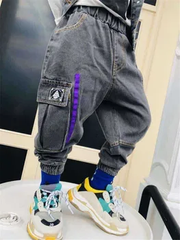 

2 3 4 5 6 Years Boys Jeans Side Stripe Big Pocket Harem Pants Elastic Waist Casual Denim Trousers Spring Autumn Boys Pants 2019