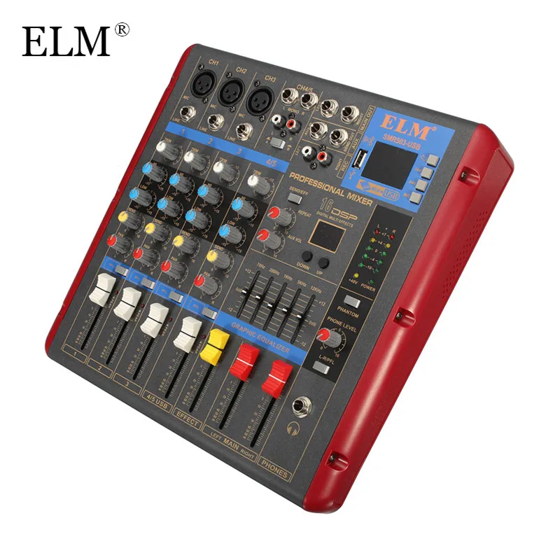 

ELM Karaoke Audio Mixing Mixer Professional bluetooth 4 Channel Microphone Digital Sound Amplifier Console With USB 48V Power