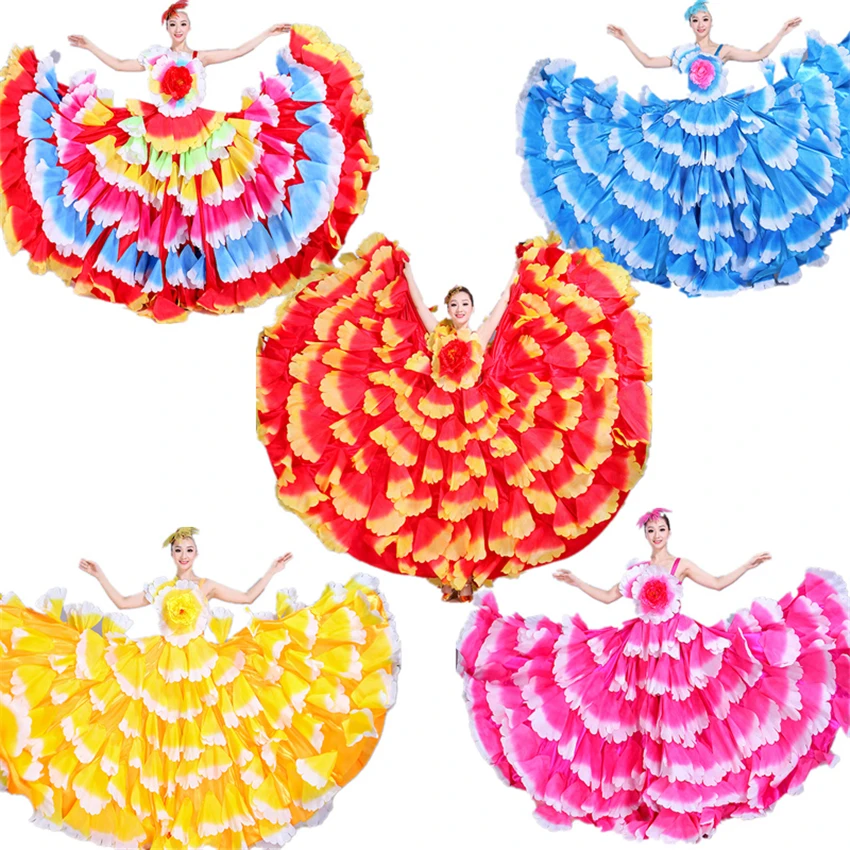 

6Color Flamenco Dress Dance Gypsy Skirt Woman Spain Belly Costumes Big Petal Spanish Chorus Stage Performance Wear S-3XL