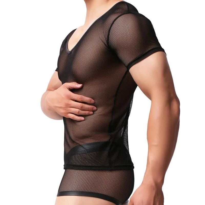 Transparent Mesh T Shirt Men Tshirt Sexy See Through Undershirt Gay Male Short Sleeve Singlet Underwear Mens Lingerie Clothing