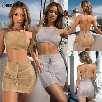 

Women 2PCS Mesh Bodycon Two Piece Crop Top and Skirt Set Bandage Dress Party