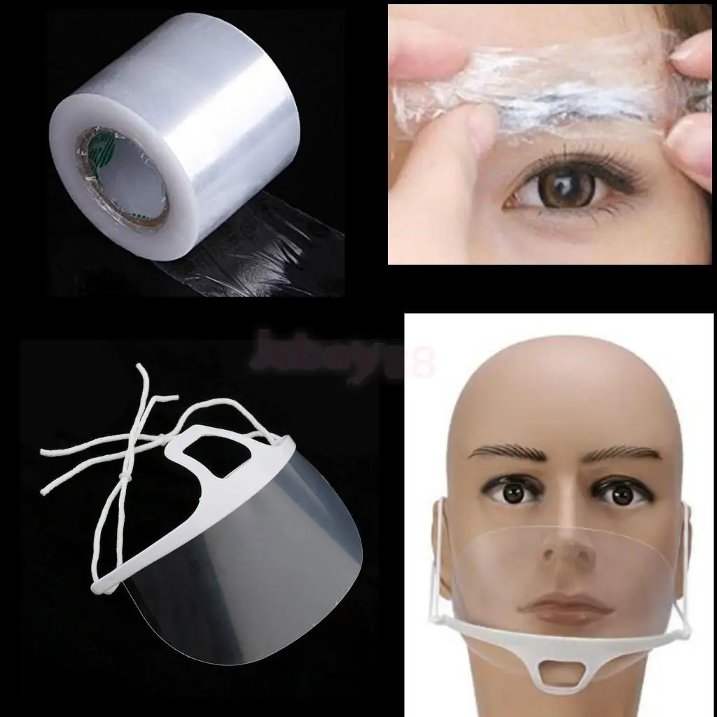 

10Pcs Plastic Adjustable Strap Hygienic Face Mask + Professional Eyebrow Tattoo Plastic Wrap Preservative Numbing Film Roll