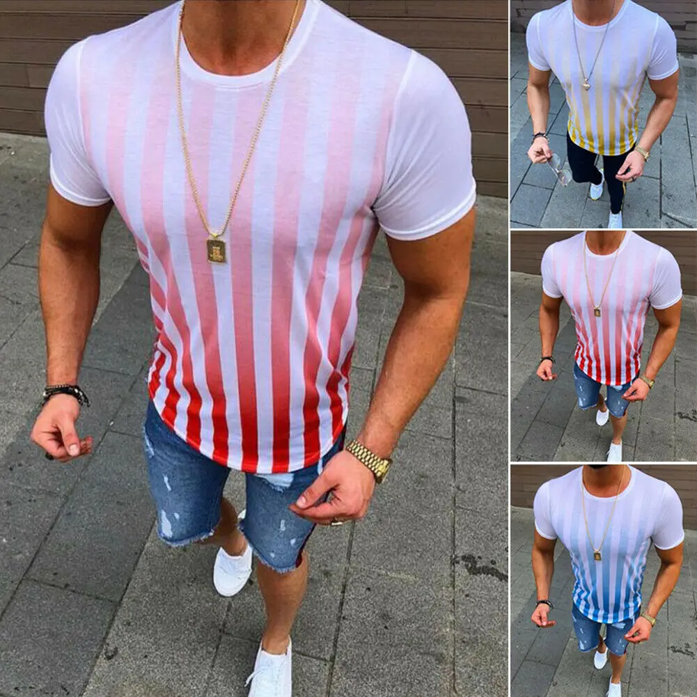 

2019 New Fashion Summer Men Casual O-Neck T-shirt Gradient Stripe Short Sleeve Muscle Tee Shirts T-shirt Tops