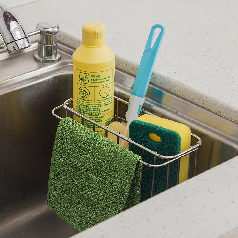 ORZ Kitchen Storage Basket Stainless Steel Bathroom Kitchen Organizer Basket with Suction Cup Sponge Towel Holder Drainer Rack