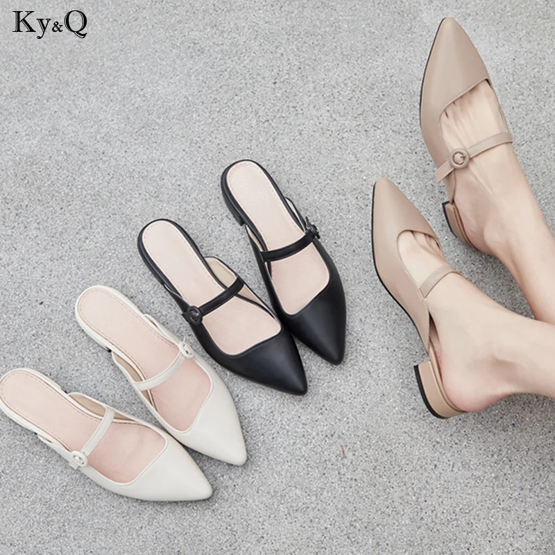 

Summer New 2019 Women's European And American Fashion Thick Comfortable With Pointed Leather Baotou Wear Low Heel Flat Slippers