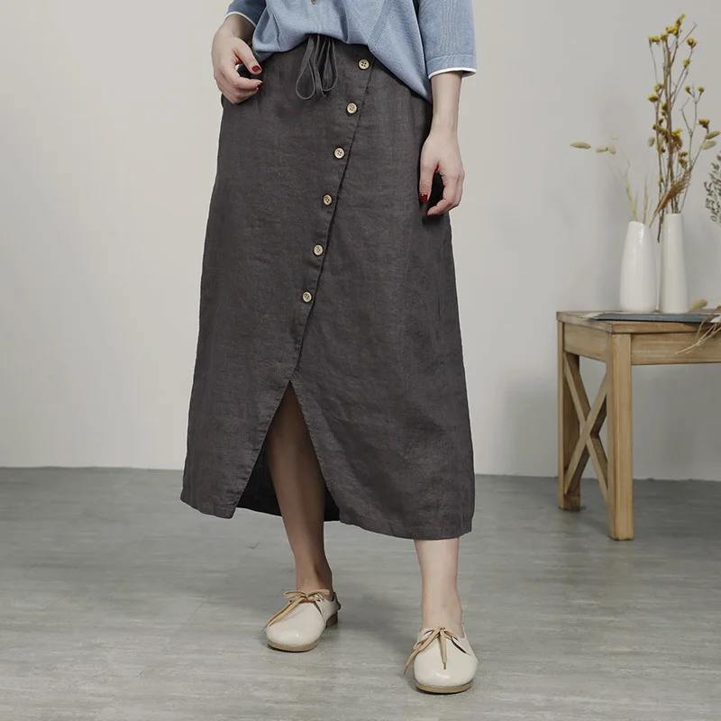

Elegant Elastic waist women mid skirt Solid button sashes skirt Summer holiday beach ladies Button linen skirt 2019