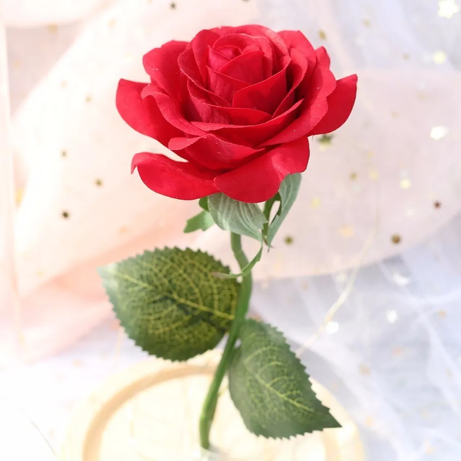 Горячая Роза в фляга Красота и с рисунком из мультфильма «Красавица и Чудовище» позолоченный красная роза с светодиодный светильник в Стекло купол для Свадебная вечеринка, подарок на день матери