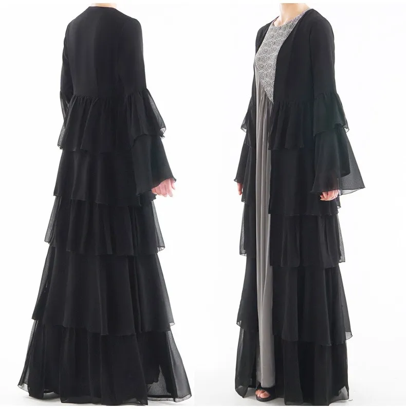 

Elegant Kaftan Cascading Ruffle Pleated Chiffon Dress Kimono Muslim Cardigan Dress Loose Black Cake Dress Women Dubai Turkish
