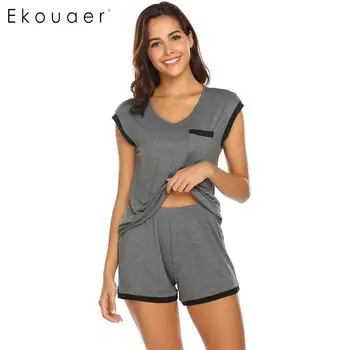 

Ekouaer Women Summer Sleepwear Pajamas V-Neck Short Sleeve Loose T-Shirts And Shorts Nightwear Lounge Home Pajamas Set