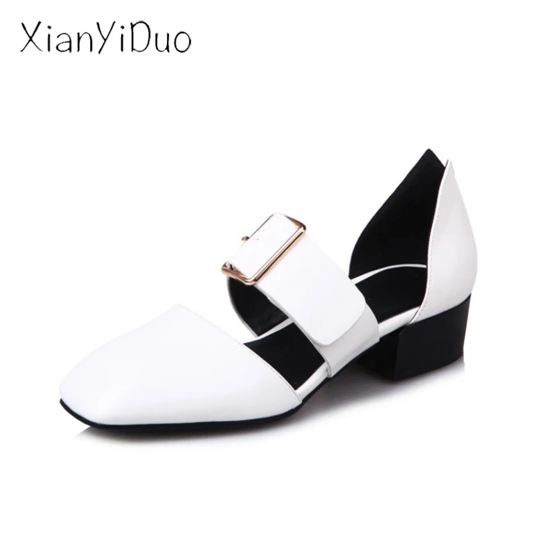 

Xianyiduo 2019 Summer Women's Shoes Sandals Closed Toe Square Mid Heel fashion plus size 40-48 black white Metal Decoration/V173