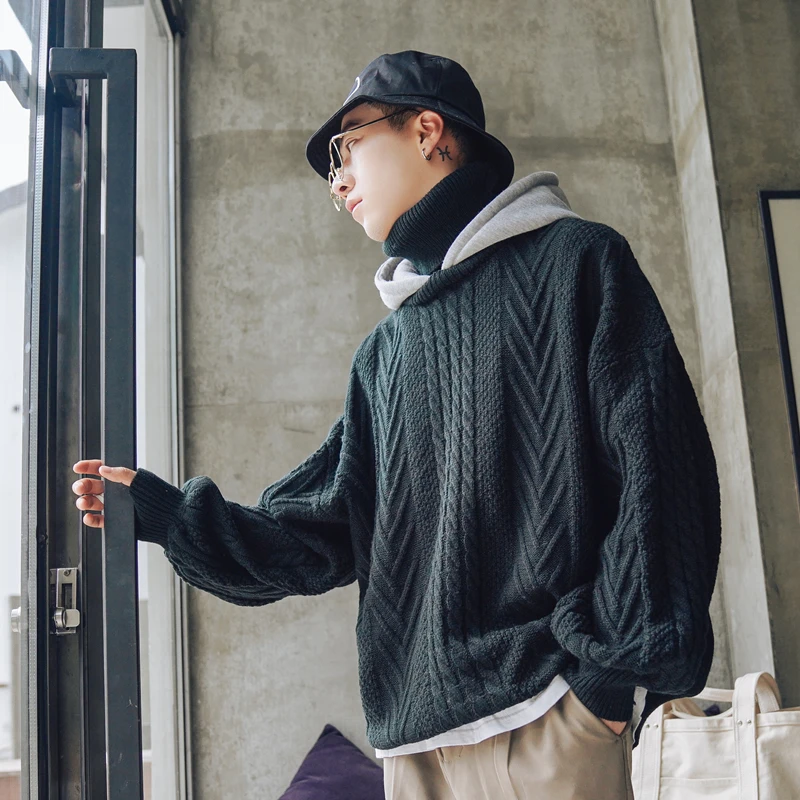 

Fashion Men's Casual New Winter Knit Sweater S-XXL Solid Color Wild Thick Long-sleeved High Collar Hooded Temperament Youth