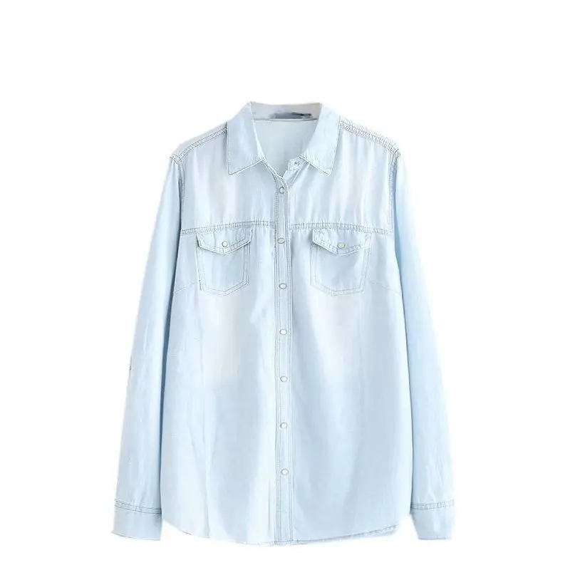 

Cowboy Denim Shirt 2019 Long Sleeve Button Down Shirt Women Loose Blouse Turn Down Collar Tops