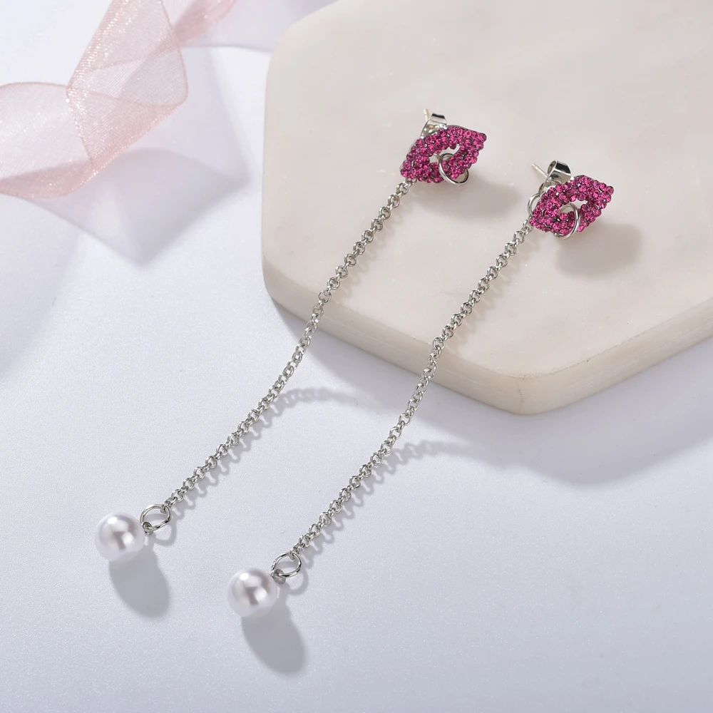 

Trendy Ladies Asymmetry Pearl Earrings Women Shiny Crystal Sexy Red Lips Long Earrings Accessories Factory Wholesale