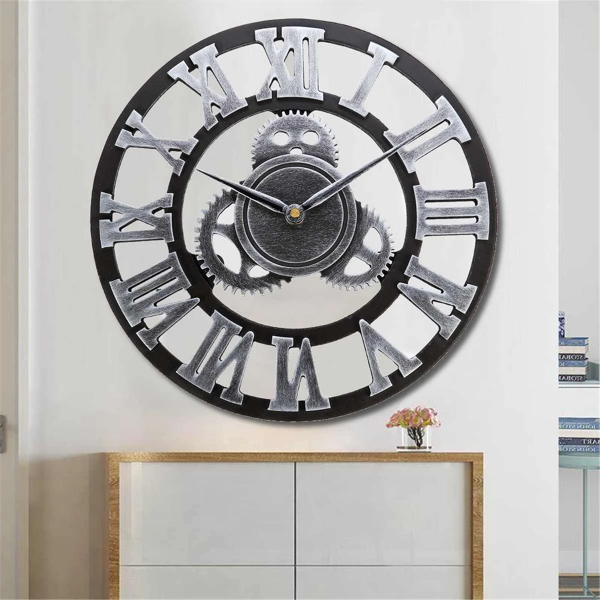 

Round 3D Gear Large Wall Clock 30/35/40cm Vintage Retro Roman Numerals Silent Sweep Horologe Timer Clocks Home Decoration