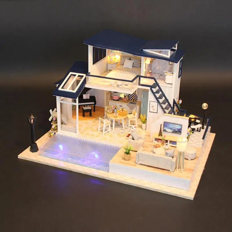 Creative Blue Home DIY Puzzle Assemble Doll Furniture Doll House Unisex Miniature Crafts Wood House Toys Gifts Creative Blue Home DIY Puzzle Assemble Doll Furniture Doll House Unisex Miniature Crafts Wood House Toys Gifts
