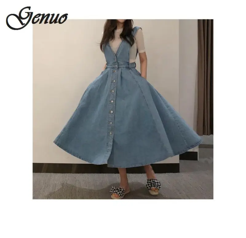 Women Denim Dress 2018 Fashion Single Breasted Spaghetti Strap Jean Dress Women Tunic Big Hem Backless Dress Vestidos