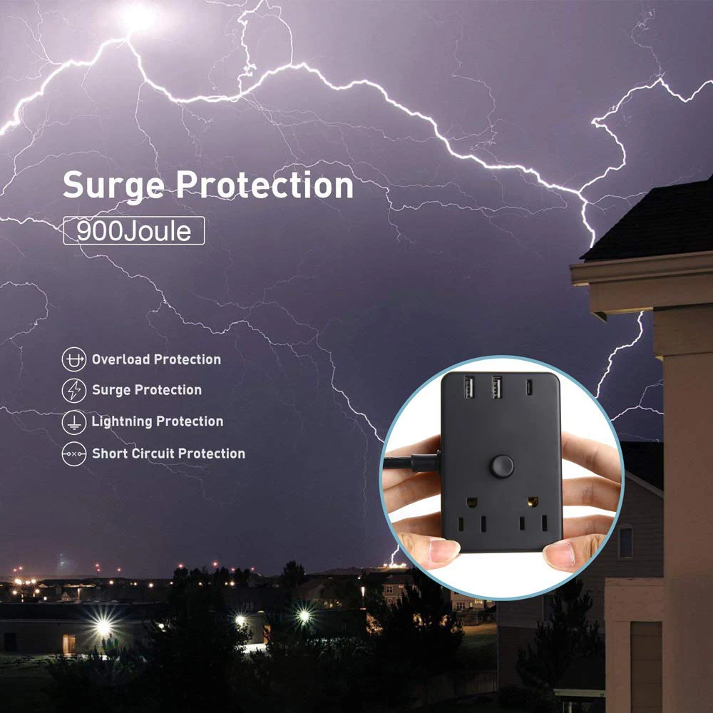 Переносной сетевой фильтр с американской вилкой 2 USB 1 C и розетками Настольная