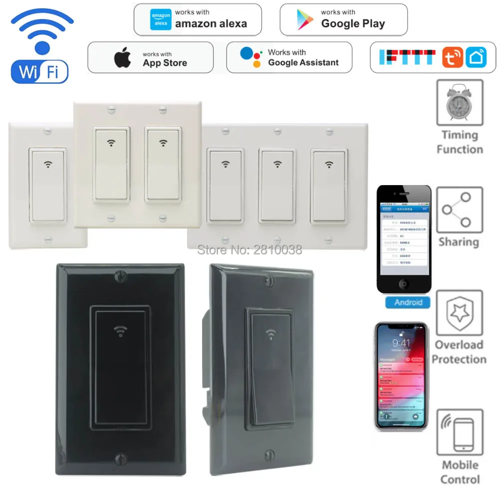 

2 pcs/lot Wireless Smart light switch WiFi light smart switch US Remote control push Switch work with Google home Alexa IFTTT