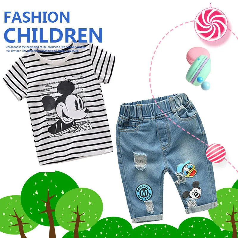 

Summer Infant Boys Girls Cartoon Striped T Shirt + Cloth-Fitting Pants 2pcs Sets Children Jeans Kids Hole Jeans Clothing Dejo