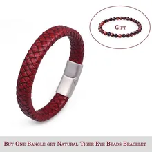 

Morooki Luxury Men Bracelets Leather Stainless Steel Bangles Braid Woven Retro Red Color Magnet Mens Bracelets Fashion Jewelry