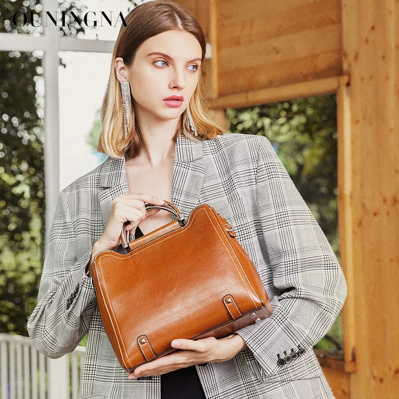 

OUNINGNA 2019new fashion ladies' cowhide tote bag leather shoulder bag crossbody bag