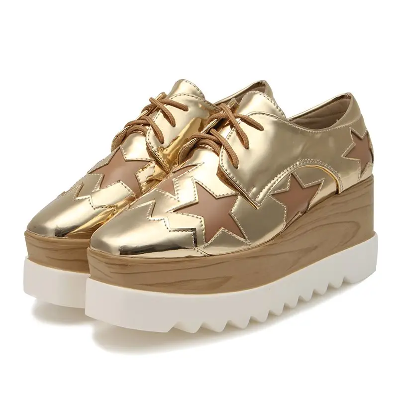 

NIS Women 5cm Platform Flat Shoes, Rose Gold/Black/Gold/Silver Stars Flats, Patent Leather Wedges Shoe, Increasing Height Oxford