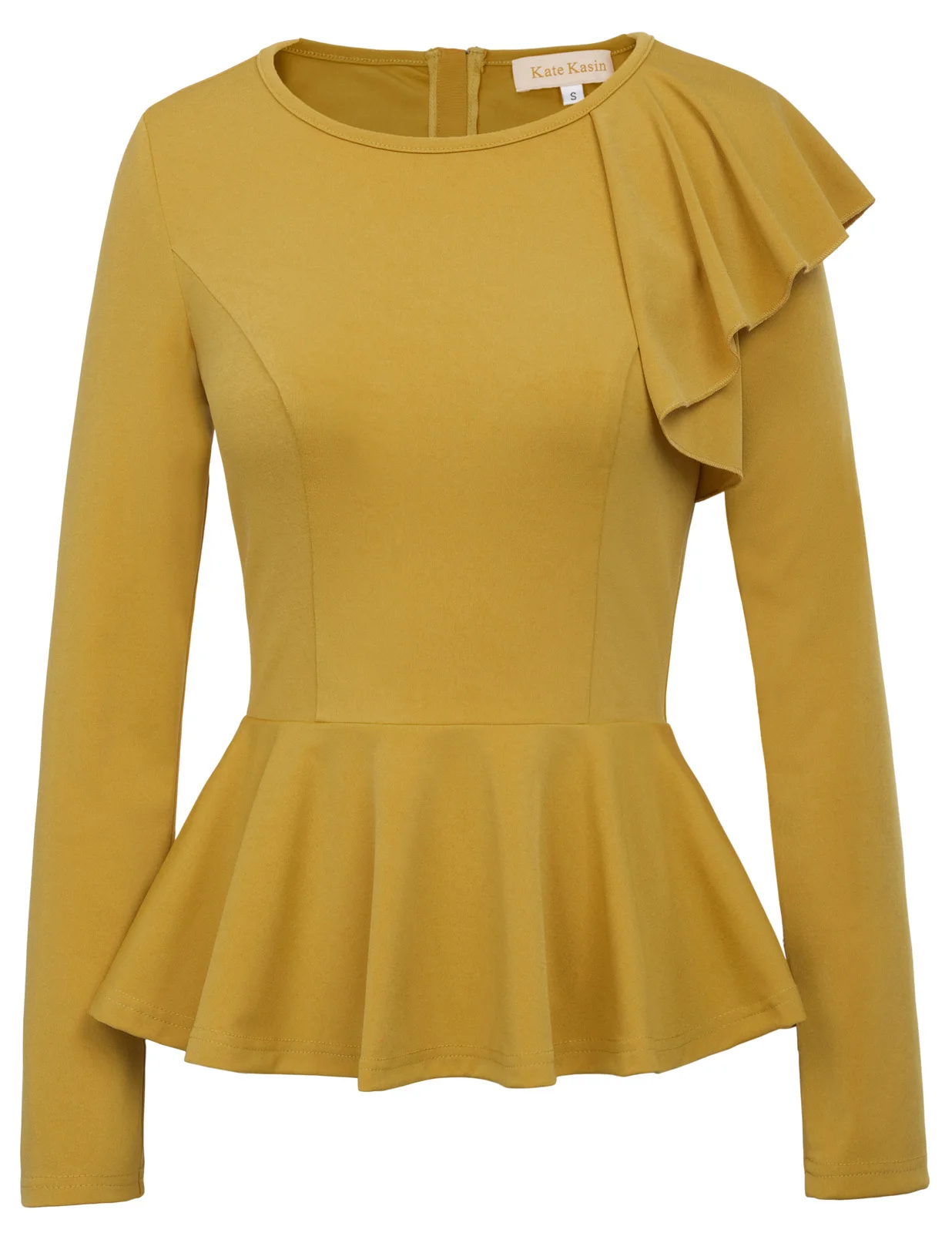 

Women's Lady Long Sleeve Crew Neck blouse Spring Autumn pure color Ruffle Decorated Flared Hem shirt Tops New elegant blouses