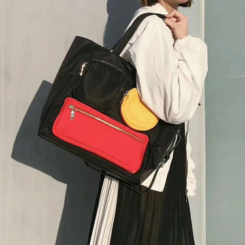 

[Super Seabob] 2019 Spring Summer Woman Personality New Black Spliced High Capacity Double Handles Shoulder Bag All Match LM271