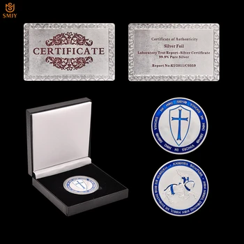 

Blue Knights Templar Crusaders Cross Holy Sword Euro Silver Plated Replica Challenge Commemorative Coin W/ Luxury Box