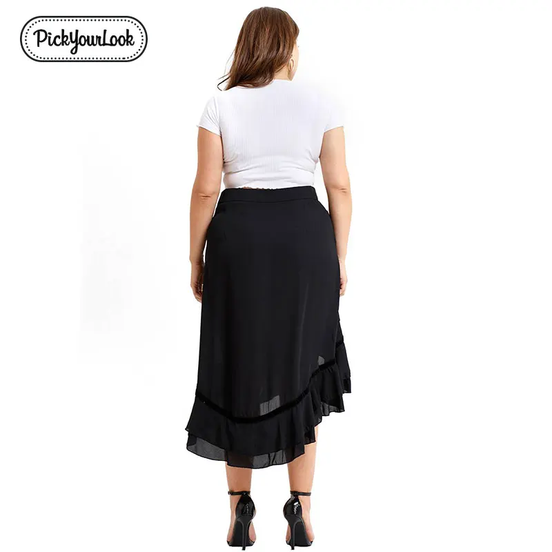 Pickyourlook Women Asymmetrical Midi Skirt Plus Size Solid Black Ruffled Female Oversized Skirts Casual Large Size Lady Skirt Pickyourlook Women Asymmetrical Midi Skirt Plus Size Solid Black Ruffled Female Oversized Skirts Casual Large Size Lady Skirt