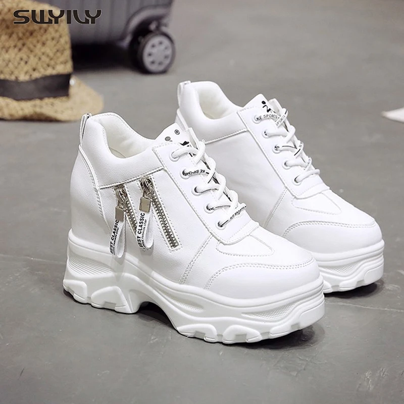 

SWYIVY Platform Women Shoes 2019 New Fashion Dad Shoes Spring Female Casual Sneakers Wedge High Heel Beige/White Sneakers Zipper