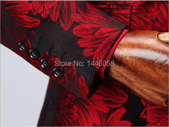 Costume Homme Red Printed Double Breasted Suits For Men Terno Masculino Men's Tuxedo Prom Party Suits Floral Wedding Groom Suit