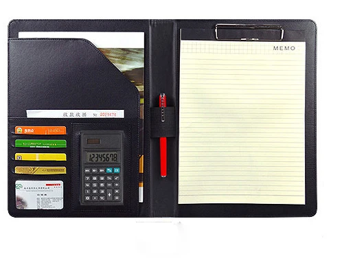 

letter size PU leather folder for documents , meeting conferences a4 clip file folder with calculator, notepad with rings