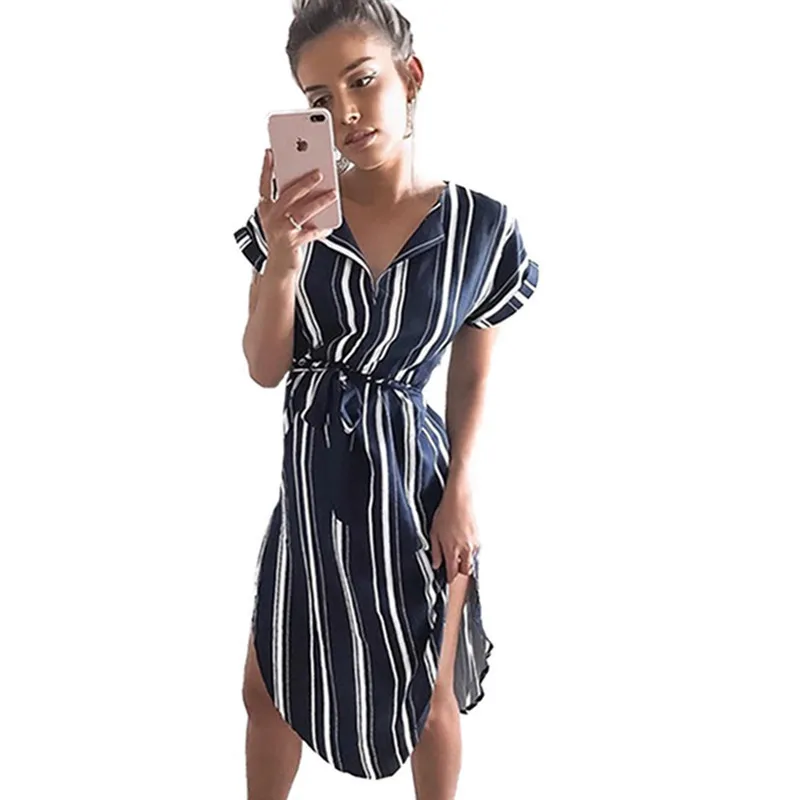 

New Summer Dress Women Fashion Striped V-Neck Short Sleeve Outfit Casual Loose Bandage Long Blouse Shirts Party Beach Dresses