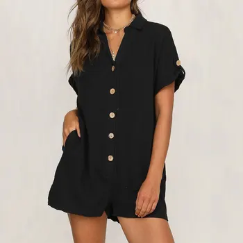 

Summer Beach Playsuits Women 2019 V-Neck Loose Rompers Womens Short Sleeve Female Playsuits Ladies Sexy Shorts Playsuit Button