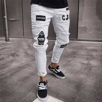 

Men's Fashion Vintage Ripped Jeans Super Skinny Slim Fit Zipper Denim Pant Destroyed Frayed Trousers Cartoon Gothic Style Pants