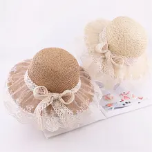 Adorable Vintage Estilo de tejido sombrero para niños niñas de encaje Sombrero con lazo sol sombreros de cubo interior ajustable Niño niñas sombreros 0-4y