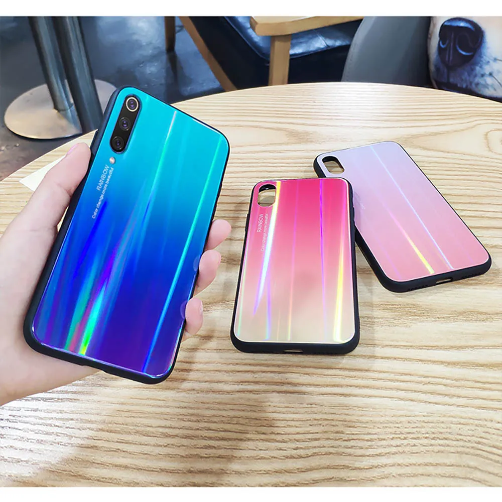 Phone Case for Xiaomi mi 9 8 se Mix 3 2 6 P30 Pro Fundas for Huawei Mate20 lite P20 Laser Tempered Glass Gradient Colorful Cover