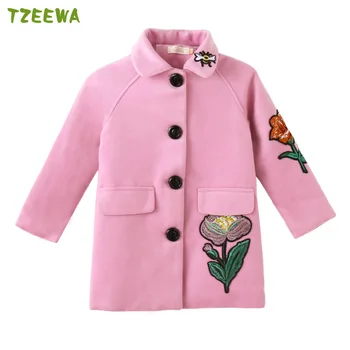 

2018 Winter Girls Woolen Coat Pink Flores Jacket For Kids Girls Windbreaker Manteau Fille Children Outerwear Coat