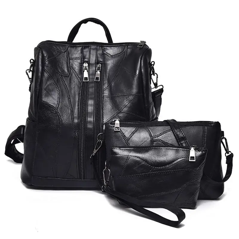 

3pcs Female Backpack with Shoulder Bags Clutch Bag For Women Ladies Embroidery Line Design Genuine Leather Daypack Bookbag